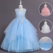 baratos Vestidos floridos-Vestido para Meninas das Flores Crianças Para Meninas Vestido de princesa Espetáculo Casamento Festa Elegante Lindo Com Transparência Côr Sólida Sem Manga Gola Redonda Branco Rosa 4 anos +