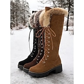 baratos Botas de neve e inverno-botas femininas de camurça sintética com cadarço até o joelho e punhos de pele sintética – calçados de inverno estilosos com sola grossa