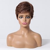 voordelige Kaploze pruiken van echt haar-Menselijk haarmengsel Pruik Kort Recht Natuurlijk recht Bobkapsel Pixie-kapsel Zijdeel Gelaagd kapsel Donkerbruin Cosplay Krultang en stijltang Natuurlijke haarlijn Zonder kap Birmees haar Dames
