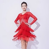 cheap Competition Dress-Latin Salsa Dance Dress Rhinestone Tassel Splicing Women's Performance Training Long Sleeve Mesh Milk Fiber