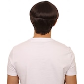 abordables Pelucas hombre-Peluca de corte de tazón retro de Halloween de 9 pulgadas para hombres adultos, colores marrones, cabello sintético suave para festivales, fiestas de anime, fibra sintética ignífuga