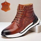 cheap Premium Leather Boots-Men&#039;s Brown Leather Sneaker Boots with Crocodile Texture and Script Embossing – Premium Cowhide Casual High-Top Footwear with Sporty Sole
