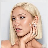voordelige Beroemdheden pruiken-gwen stefani geïnspireerde pruik rechte asymmetrische pruik kort lichtblond synthetisch haar dames modieus design zacht natuurlijk blond