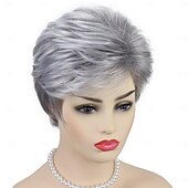 economico parrucca più vecchia-parrucche corte grigie pixie cut per donne bianche parrucche corte bianco argento a strati naturali con frangia parrucche corte in fibra sintetica per capelli grigi