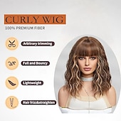 cheap Synthetic Trendy Wigs-Short Wig Shoulder Length Bob Curly Wavy Wig With Bangs for Women Charming Heat-resistant Synthetic Hair Wigs for Date Daily Use