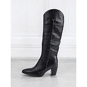 cheap Cowboy &amp; Western Boots-Black Faux Leather Knee-High Western Boots with Pointed Toe and Block Heels – Chic Cowgirl Style for Women
