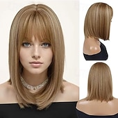economico Parrucche trendy sintetiche-parrucca cosplay con frangia parrucca per costume alla moda corta e liscia per donna parrucca per festa di carnevale di halloween parrucca in fibra sintetica resistente al calore parrucche per il