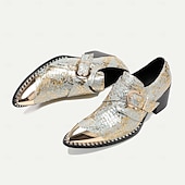 abordables Mocassins en cuir de qualité supérieure-chaussures habillées en cuir métallisé doré pour hommes avec motif peau de serpent, bout carré et détail boucle - parfaites pour les mariages, les fêtes et autres événements spéciaux