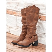 levne Cowboy &amp; Western Boots-dámské hnědé kozačky ke kolenům s detaily přezek a blokovým podpatkem – stylová obuv inspirovaná westernem pro běžné nošení i outdoorové outfity