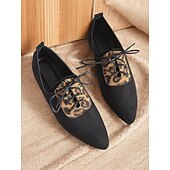 economico Scarpe oxford da donna-scarpe oxford in pelle scamosciata con pannello leopardato da donna – ballerine stringate con punta affilata per outfit casual ed eleganti