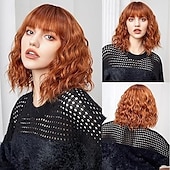 cheap Synthetic Trendy Wigs-Short Wig Shoulder Length Bob Curly Wavy Wig With Bangs for Women Charming Heat-resistant Synthetic Hair Wigs for Date Daily Use