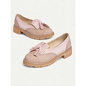 cheap 1950s-Women&#039;s Pink Tassel Loafers with Brogue Detailing and Chunky Sole – Vintage-Style Casual Shoes for Everyday Wear