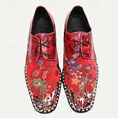 cheap Elemental Dress Shoes-Men&#039;s Red Floral Lace-Up Oxford Shoes – Premium Cowhide Leather with Metal Toe Cap, Stylish Design for Weddings, Parties, and Special Occasions