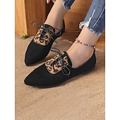 economico Scarpe oxford da donna-scarpe oxford in pelle scamosciata con pannello leopardato da donna – ballerine stringate con punta affilata per outfit casual ed eleganti