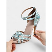 abordables Chaussures de danses latines-chaussures de danse latine pour femmes ornées de strass dorés - talons à bout ouvert avec design à lanières pour la salle de bal, la salsa et les occasions spéciales