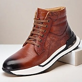 cheap Premium Leather Boots-Men&#039;s Brown Leather Sneaker Boots with Crocodile Texture and Script Embossing – Premium Cowhide Casual High-Top Footwear with Sporty Sole