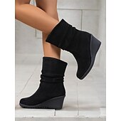 levne Slouch Boots-dámské hnědé semišové kotníkové boty – pohodlný klínový podpatek s prohnutým designem, ideální na podzimní a zimní běžné nošení