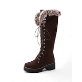 baratos Botas de neve e inverno-botas femininas de camurça sintética com cadarço até o joelho e punhos de pele sintética – calçados de inverno estilosos com sola grossa