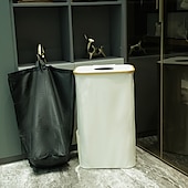 billiga Förvaring-miljövänlig förvarings- och återvinningskärl med innerfoder, vikbar utrymmesbesparande design, slitstark metallram, elegant bambuklädsel, multifunktionsorganisator för flaskor, tvättkorg, papperskorg,