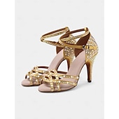abordables Chaussures de danses latines-chaussures de danse latine pour femmes ornées de strass dorés - talons à bout ouvert avec design à lanières pour la salle de bal, la salsa et les occasions spéciales