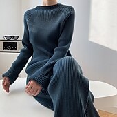billige Genser-koordinater-Dame Genser-koordinater Elegant Mote Fritid Helfarge Riflet Båthals Strikket Langermet Vanlige topper Strikke Arbeid Blå Kakifarget Høst Vinter