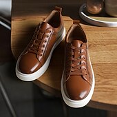 economico Sneakers da uomo-sneakers da uomo in similpelle intrecciata marrone - design casual con lacci e comoda suola bianca per l&#039;uso quotidiano