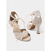 abordables Chaussures de danses latines-chaussures de danse latine à strass beiges pour femmes avec design à lacets, semelle en daim souple et style à bout ouvert - talons hauts élégants pour les performances de salsa, de tango et de salle de bal
