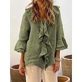 preiswerte Hemden-Damen Hemd Leinen-inspirierte Hemden Bluse Einfarbig Basic Lässig Langarm V Ausschnitt Normale Oberteile Täglich Rüsche Weiß Grün Grau Herbst Winter