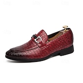 cheap Semi-Formal-Men&#039;s Red Crocodile-Embossed Faux Leather Loafers – Luxury Slip-On Shoes with Sleek Metal Buckle Accent for Formal and Business Wear
