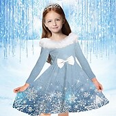 cheap 3D Shining Vision Dress-Kids Girls&#039; Dress Snowflake Long Sleeve Casual Fur Trim Crewneck Adorable Daily Polyester Above Knee Casual Dress Swing Dress A Line Dress Fall Winter 2-13 Years Navy Blue Blue Sky Blue