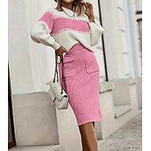 preiswerte Pullover-Koordinaten-Damen Pullover-Koords Elegant Modisch Täglich Farbblock Gerippt Rundhalsausschnitt Vordertasche Langarm Normale Oberteile Stricken Arbeit Schwarz Rosa Herbst Winter