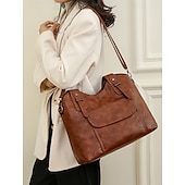 cheap Handbag &amp; Totes-Women&#039;s Vintage Brown Faux Leather Tote Bag with Dual Handles and Adjustable Crossbody Strap – Spacious and Stylish for Everyday Use