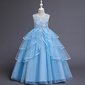 abordables Robes à Fleurs pour Filles-Robe de Demoiselle d&#039;Honneur Fille enfants Fille Robe de princesse Utilisation Mariage Soirée Elégant Magnifique Maille Couleur unie Sans Manches Col Ras du Cou Blanche Rose Claire 4 ans et +