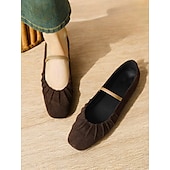cheap Women&#039;s Flats-Women&#039;s Retro Brown Suede Flats – Elastic Strap Ballet Shoes with Pleated Detailing, Perfect for Casual Outings and Vintage-Inspired Fashion