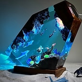 preiswerte Tischlampen-handgefertigtes Nachtlicht aus Ozeanharz, Nachtlicht aus Delfin- und Schildkrötenharz, Taucherpaar erkundet Unterwasserwelt, Clownfische, Wassergras, USB-Tischlampe aus Holz für Zuhause &amp;Bürodekor,