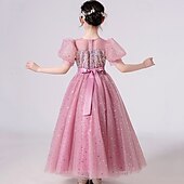 voordelige Bloemenjurken-Bloemenmeisjesjurk kinderen Voor meisjes Prinses jurk Prestatie Bruiloft Feest Elegant Mooi Netstof Effen Kleur Korte mouw Strakke ronde hals Wit Blozend Roze 4 jaar +