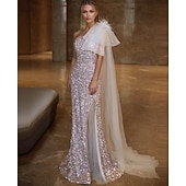 abordables Long Dresses &amp; Gowns-Mermaid Trumpet Sweep Brush Train Prom Dresses Elegant High Split Sleeveless One Shoulder Prom Wedding Tulle with Feather Glitter