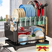 cheap Storage Racks-Tableware drying rack 2-layer utensil drain rack with detachable utensil rack and swivel joint durable high carbon steel material larger capacity easy to install black