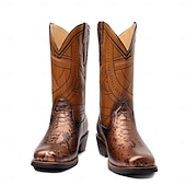 levne Cowboy &amp; Western Boots-pánské westernové kovbojské boty s potiskem hadí kůže a složitým designem z umělé kůže – stylová a odolná obuv pro rodeo a country akce