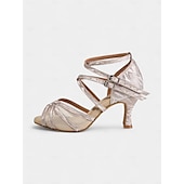 abordables Chaussures de danses latines-chaussures de danse latine à paillettes argentées pour femmes - talons à lanières avec design à double boucle et semelle en daim souple pour les événements de salsa, de salle de bal et de fête