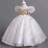 billige Blomsterkjoler-Blomsterpikekjole Barn Jente Prinsesse kjole Ytelse Bryllup Fest Elegant Vakker Paljetter Netting Helfarge Kortermet V-hals Hvit Rød 4 år +
