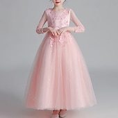 preiswerte Kleider für die Blumenmädchen-Blumenmädchenkleid Kinder Mädchen Prinzessinenkleid Leistung Hochzeit Party Elegant Schön Gitter Feste Farbe Langarm Rundhalsausschnitt Weinrot Weiß 4 Jahre +