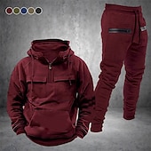 baratos moletons básicos-Homens Moletom Suéter Quarter Zipper Hoodie Preto Vinho Azul Marinha Com Capuz Tecido Com Cordão 2 Peças Bolso frontal Desportos e Ar livre Diário Feriado Poliéster Roupa de rua Básico Casual Outono