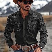 cheap Men&#039;s Western Shirts-Men&#039;s Floral Western Shirt Cowboy Shirt Long Sleeve Western Sport Spring Fall Turndown Patchwork Black