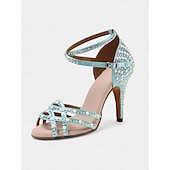 abordables Chaussures de danses latines-chaussures de danse latine pour femmes ornées de strass dorés - talons à bout ouvert avec design à lanières pour la salle de bal, la salsa et les occasions spéciales