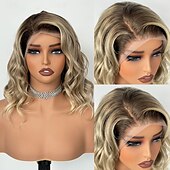 cheap Human Hair Lace Front Wigs-Remy Human Hair 13x4 Lace Front Wig Short Bob Free Part Peruvian Hair Body Wave Light Brown Blonde Multi-color Wig 150% Density with Baby Hair Glueless Pre-Plucked For wigs for black women Long