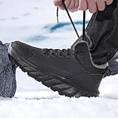 abordables Botas de invierno y nieve-Botas de nieve de invierno negras para hombre: botas de senderismo impermeables, forradas con piel, con cordones y suela antideslizante para climas fríos
