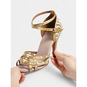 abordables Chaussures de danses latines-chaussures de danse latine pour femmes ornées de strass dorés - talons à bout ouvert avec design à lanières pour la salle de bal, la salsa et les occasions spéciales