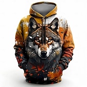 cheap Men&#039;s 3D Hoodies-Men&#039;s Wolf Hoodies Sweatshirt Outerwear Hooded Sweatshirt Crew Neck Fashion 3D Print Party Holiday Streetwear Brown Drawstring Fall Winter Designer