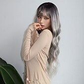 abordables Perruques Synthétiques Sans Bonnet-Perruque Synthétique Ondulé Boucle rebondissante Partie médiane Coupe Droite Perruque 28 pouces Gris argenté Cheveux Synthétiques Femme Au Milieu Frais Adorable Gris